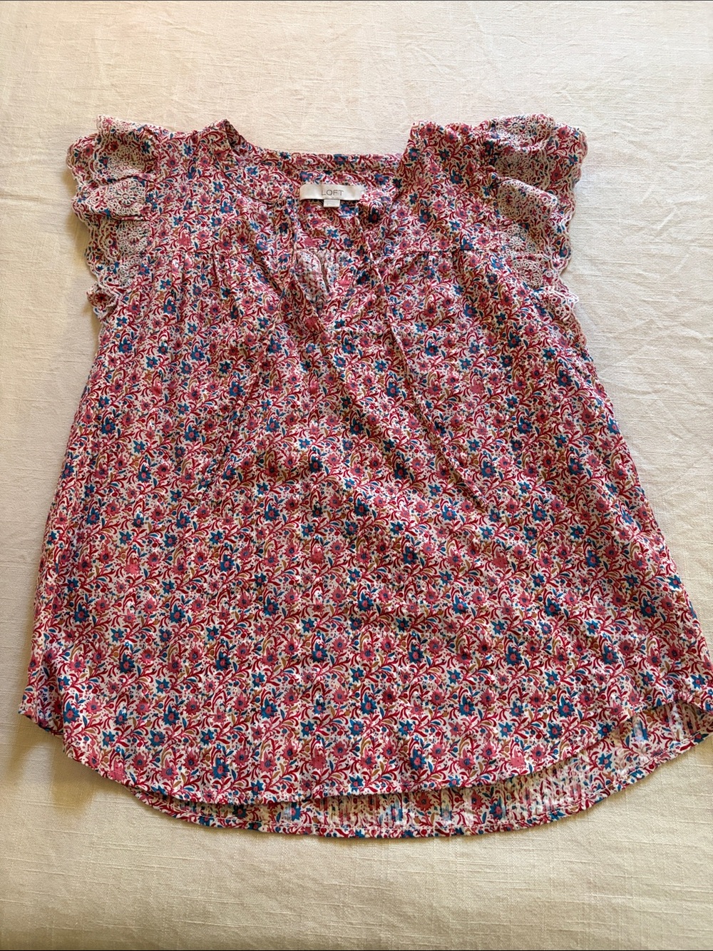 LOFT Pink and Blue Floral Ruffle Sleeve Blouse